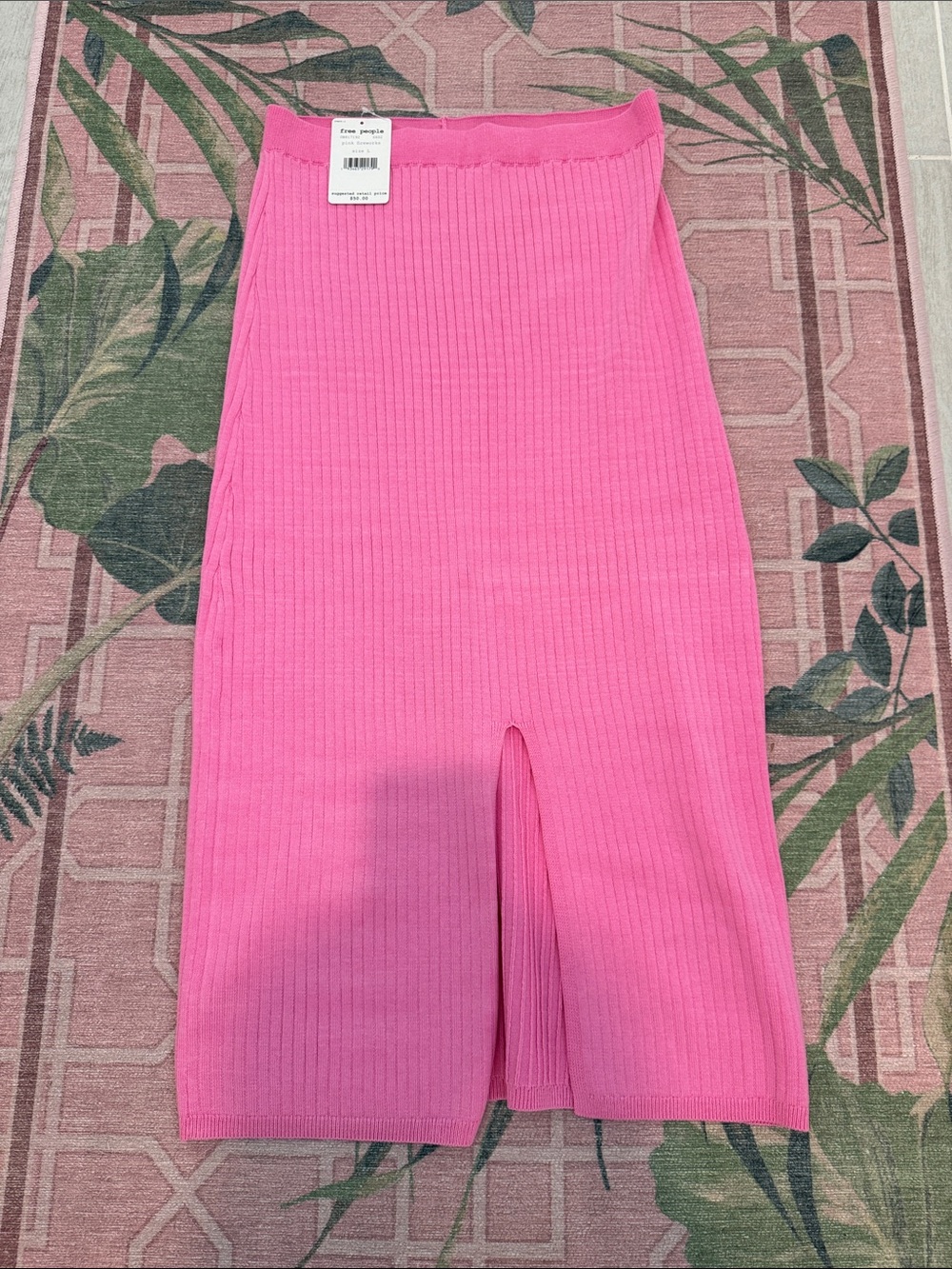 NEW Free People Midi Stretch Hot Pink Ribbed Knit Skirt with slit size L
